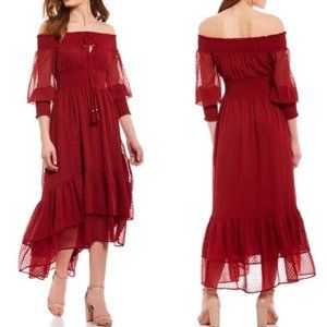 Chelsea & Violet | Mulberry Red Swiss Dot Boho Maxi Dress | Size S